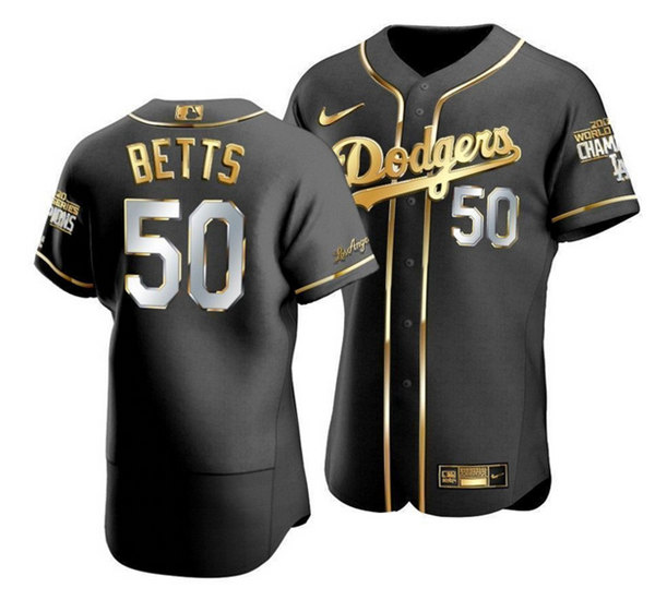 Men's Los Angeles Dodgers #50 Mookie Betts Black/Gold Edition Championship Flex Base Stitched Jersey