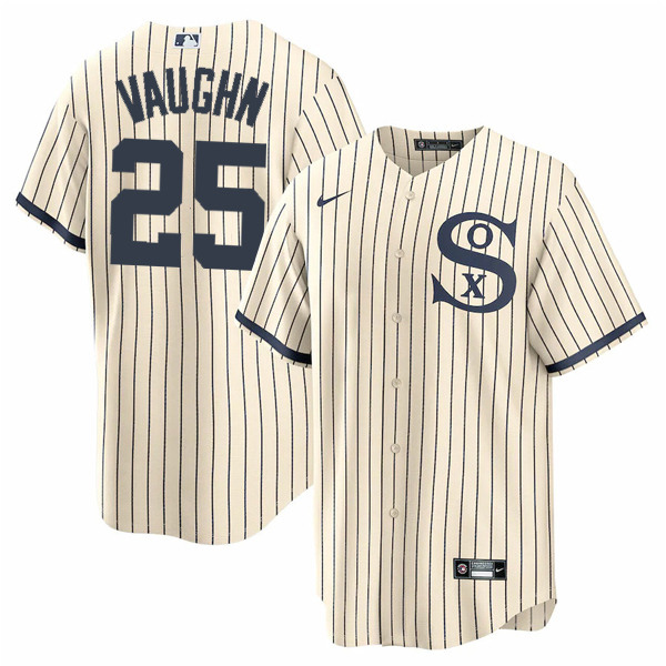 Men's Chicago White Sox #25 Andrew Vaughn 2021 Cream/Navy Name&Number Field of Dreams Cool Base Stitched Jersey - Click Image to Close