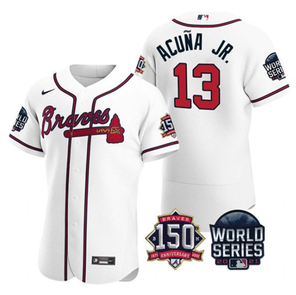 Men's Atlanta Braves #13 Ronald Acuna Jr. 2021 White World Series Flex Base With 150th Anniversary Patch Stitched Baseball Jersey