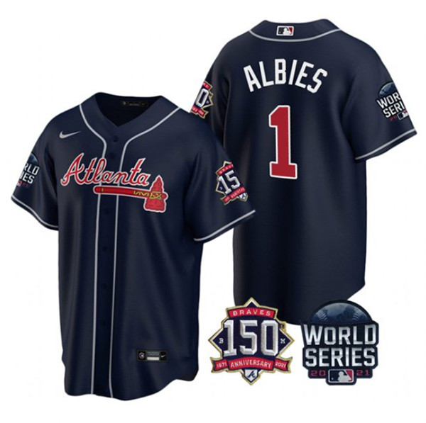 Men's Atlanta Braves #1 Ozzie Albies 2021 Navy World Series With 150th Anniversary Patch Cool Base Stitched Jersey