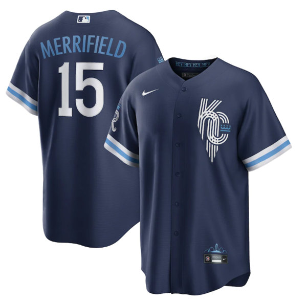 Men's Kansas City Royals #15 Whit Merrifield 2022 Navy City Connect Cool Base Stitched Jersey