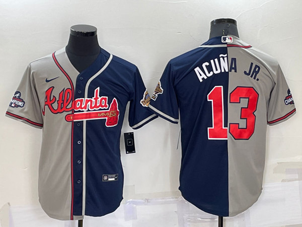 Men's Atlanta Braves #13 Ronald Acuna Jr. Gray Navy Two Tone Split Cool Base Stitched Baseball Jersey