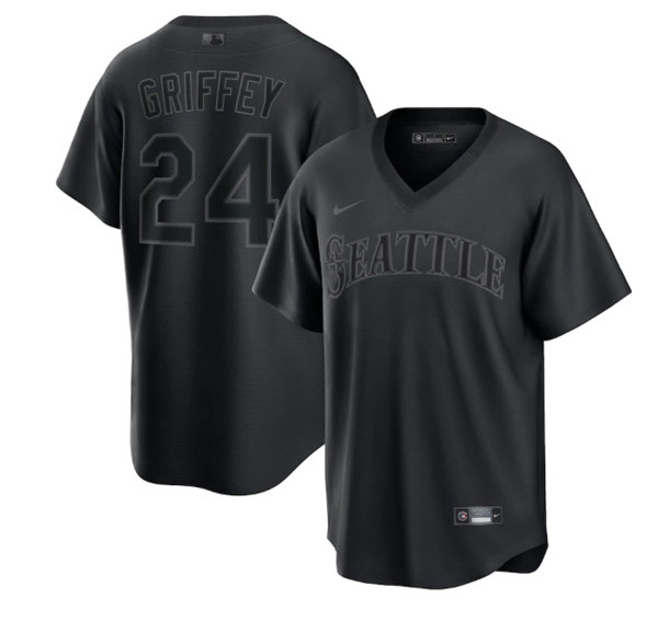 Men's Seattle Mariners #24 Ken Griffey Jr. Black Pitch Black Fashion Replica Stitched Jersey