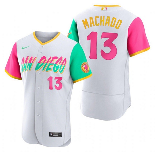 Men's San Diego Padres #13 Manny Machado White 2022 City Connect Flex Base Stitched Baseball Jersey - Click Image to Close