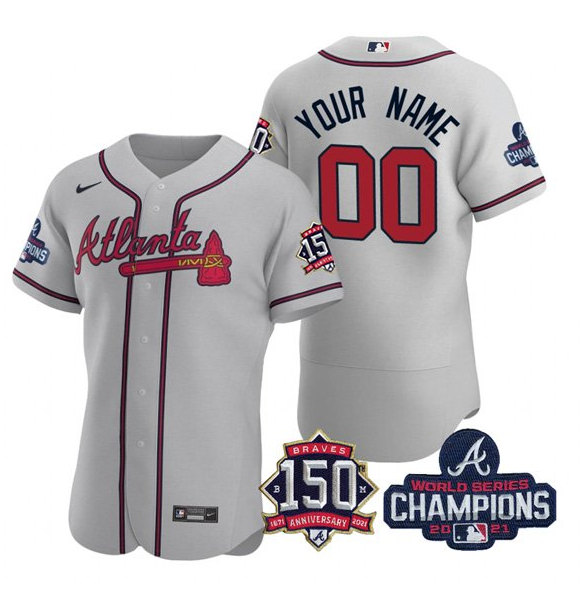 Men's Atlanta Braves Gray ACTIVE PLAYER Custom 2021 World Series Champions With 150th Anniversary Stitched Jersey - Click Image to Close