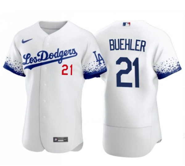 Men's Los Angeles Dodgers #21 Walker Buehler 2021 White City Connect Flex Base Stitched Baseball Jersey - Click Image to Close