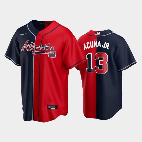 Men's Atlanta Braves #13 Ronald Acuna Jr. Navy/Red Spilt Cool Base Stitched Baseball Jersey