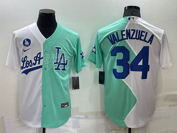 Men's Los Angeles Dodgers #34 Fernando Valenzuela White/Green 2022 All-Star Cool Base Stitched Baseball Jersey