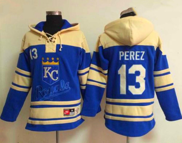 Men's Kansas City Royals #13 Salvador Perez Ageless Must-Have Lace-Up Pullover Hoodie - Click Image to Close