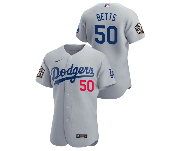 Men's Los Angeles Dodgers #50 Mookie Betts Gray 2020 World Series Sttiched MLB Jersey - Click Image to Close