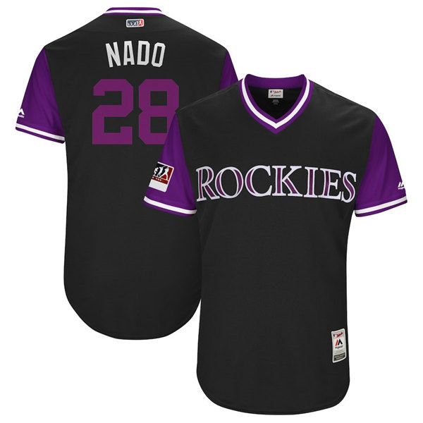 Men's Colorado Rockies #28 Nolan Arenado "Nado" Majestic Black/Purple 2018 Players' Weekend Stitched MLB Jersey - Click Image to Close