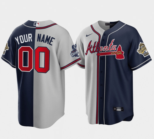 Men's Atlanta Braves Custom Gray Navy Two tone Split Stitched Jersey