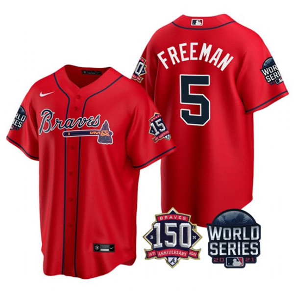 Men's Atlanta Braves #5 Freddie Freeman 2021 Red World Series With 150th Anniversary Patch Cool Base Stitched Jersey