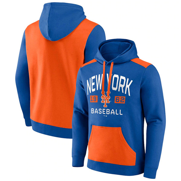 Men's New York Mets Royal/Orange Chip In Pullover Hoodie - Click Image to Close