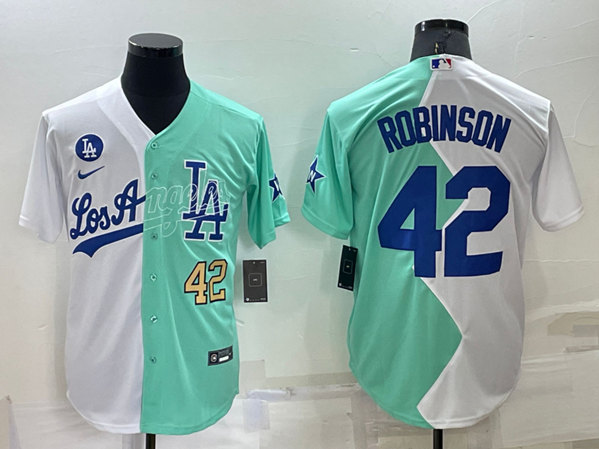 Men's Los Angeles Dodgers #42 Jackie Robinson White/Green 2022 All-Star Cool Base Stitched Baseball Jersey - Click Image to Close