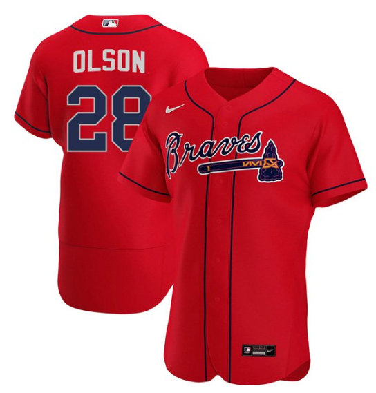 Men's Atlanta Braves #28 Matt Olson Red Flex Base Stitched Baseball Jersey - Click Image to Close