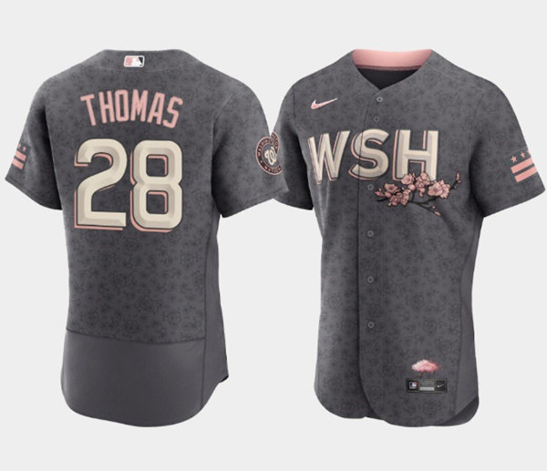 Men's Washington Nationals #28 Lane Thomas 2022 Gray City Connect Cherry Blossom Flex Base Stitched Jersey