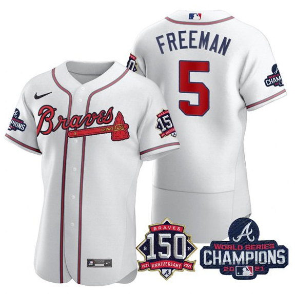 Men's Atlanta Braves #5 Freddie Freeman 2021 White World Series Champions With 150th Anniversary Flex Base Stitched Jersey