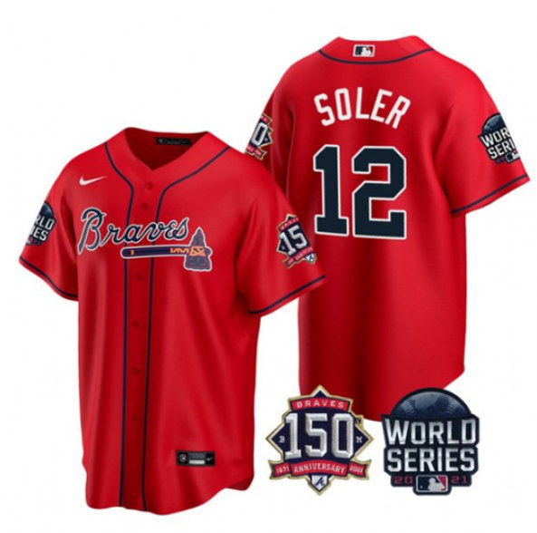 Men's Atlanta Braves #12 Jorge Soler 2021 White World Series With 150th Anniversary Patch Cool Base Stitched Jersey