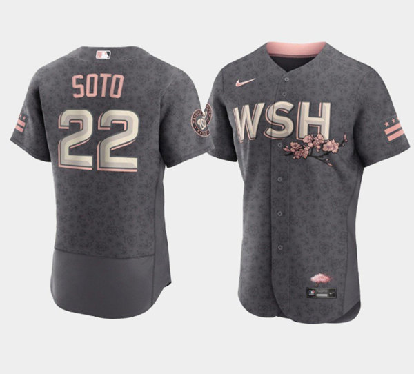 Men's Washington Nationals #22 Juan Soto 2022 Gray City Connect Cherry Blossom Flex Base Stitched Jersey