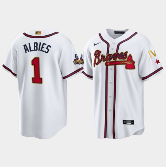 Men's Atlanta Braves #1 Ozzie Albies 2022 White/Gold World Series Champions Program Cool Base Stitched Baseball Jersey - Click Image to Close