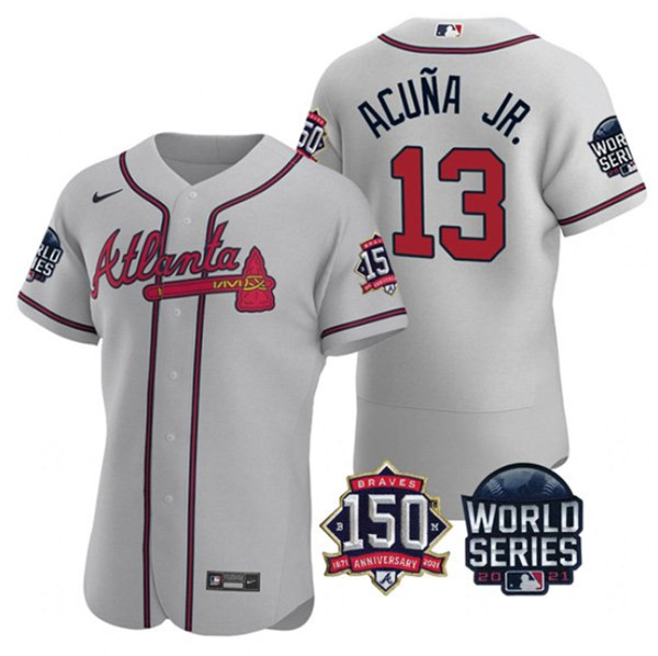 Men's Atlanta Braves #13 Ronald Acuna Jr. 2021 Gray World Series Flex Base With 150th Anniversary Patch Stitched Baseball Jersey