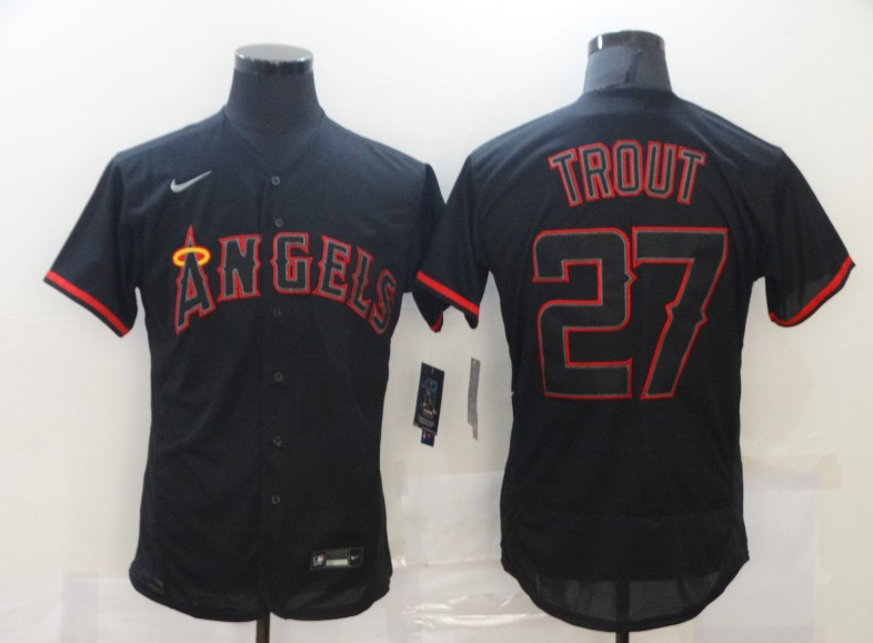 Men's Los Angeles Angels #27 Mike Trout Black Flex Base Stitched MLB Jersey - Click Image to Close