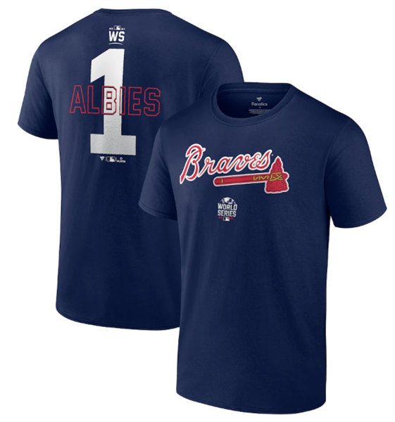 Men's Atlanta Braves #1 Ozzie Albies 2021 Navy World Series Bound Closer Name & Number T-Shirt