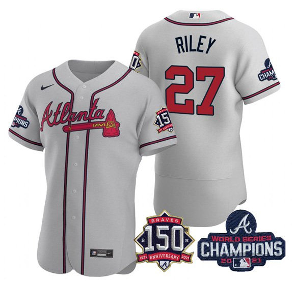 Men's Atlanta Braves #27 Austin Riley 2021 Gray World Series Champions With 150th Anniversary Flex Base Stitched Jersey - Click Image to Close