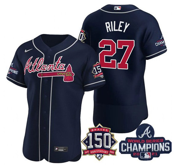 Men's Atlanta Braves #27 Austin Riley 2021 Navy World Series Champions With 150th Anniversary Flex Base Stitched Jersey