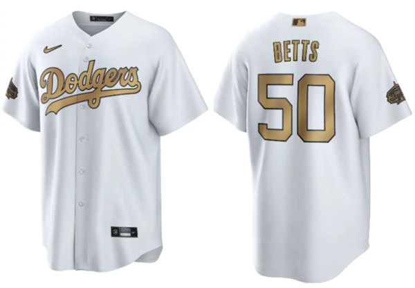 Men's Los Angeles Dodgers #50 Mookie Betts White 2022 All-Star Cool Base Stitched Baseball Jersey - Click Image to Close