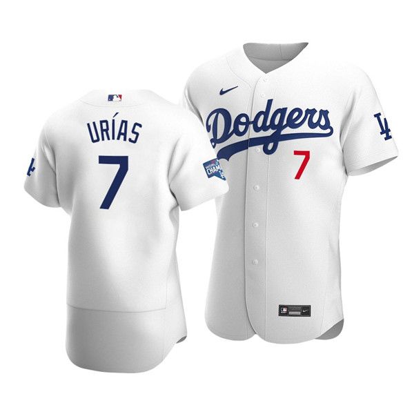 Men's Los Angeles Dodgers #7 Julio Urias 2020 White World Series Champions Patch Flex Base Sttiched MLB Jersey