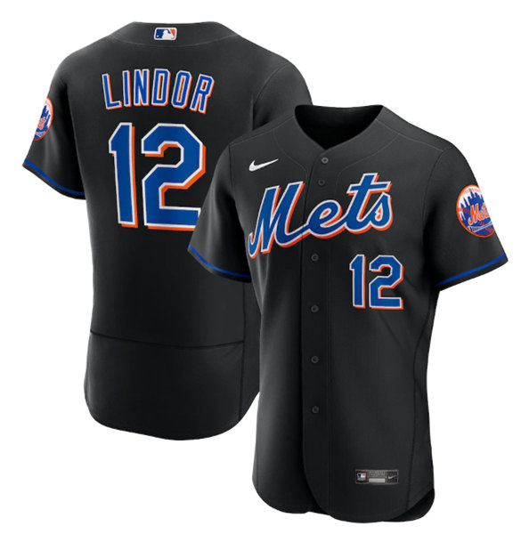 Men's New York Mets #12 Francisco Lindor Black Flex Base Stitched Jersey - Click Image to Close