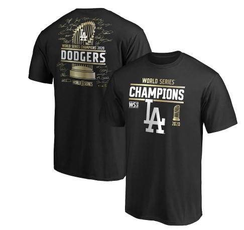 Men's Los Angeles Dodgers Black 2020 World Series Champions Signature Roster T-Shirt - Click Image to Close