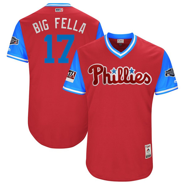 Men's Philadelphia Phillies #17 Rhys Hoskins "Big Fella" Majestic Scarlet/Light Blue 2018 MLB Little League Classic Stitched Jersey - Click Image to Close