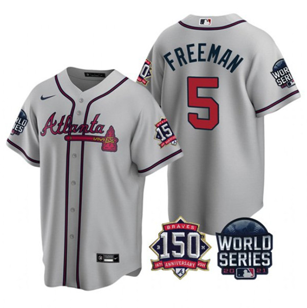 Men's Atlanta Braves #5 Freddie Freeman 2021 Gray World Series With 150th Anniversary Patch Cool Base Stitched Jersey