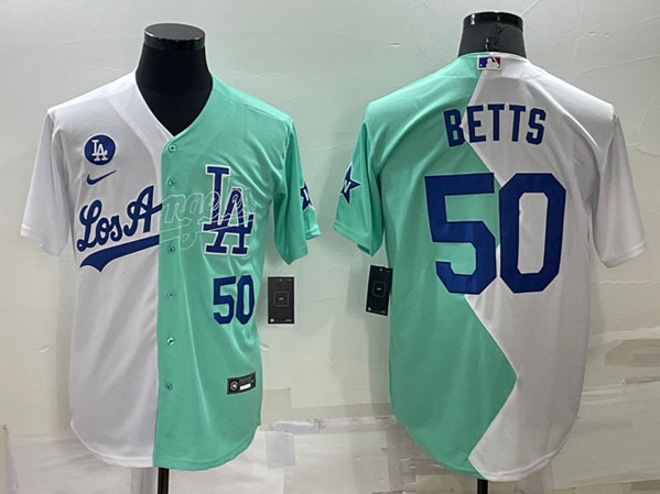 Men's Los Angeles Dodgers #50 Mookie Betts White/Green 2022 All-Star Cool Base Stitched Baseball Jersey - Click Image to Close