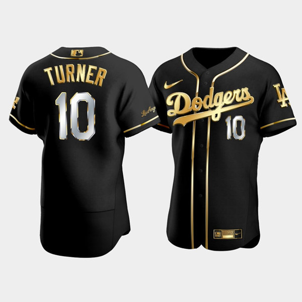 Men's Los Angeles Dodgers #10 Justin Turner Black/Gold Flex Base Stitched Jersey - Click Image to Close