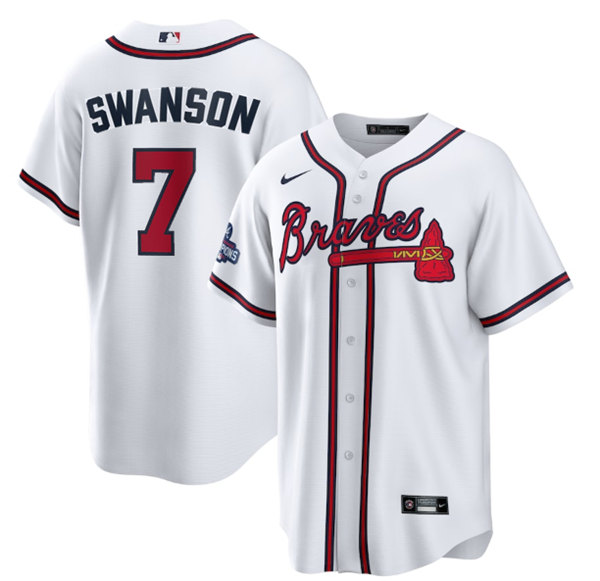 Men's Atlanta Braves #7 Dansby Swanson 2021 White World Series Champions Cool Base Stitched Jersey