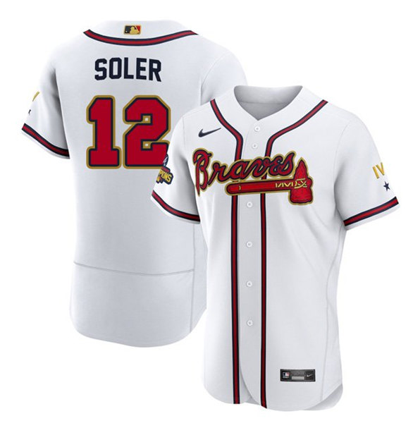 Men's Atlanta Braves #12 Jorge Soler 2022 White/Gold World Series Champions Program Flex Base Stitched Baseball Jersey - Click Image to Close