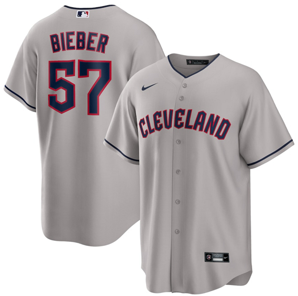 Men's Cleveland Guardians #57 Shane Bieber Gray Cool Base Stitched Jersey