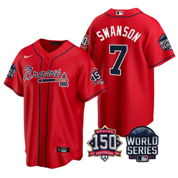 Men's Atlanta Braves #7 Dansby Swanson 2021 Red World Series With 150th Anniversary Patch Cool Base Stitched Jersey