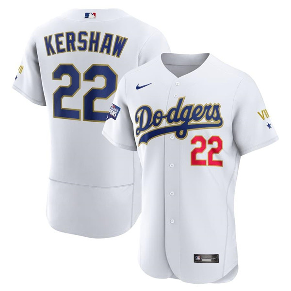 Men's Los Angeles Dodgers #22 Clayton Kershaw White Gold Championship Flex Base Sttiched MLB Jersey