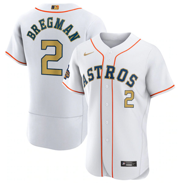 Men's Houston Astros #2 Alex Bregman White 2023 Gold Collection With World Serise Champions Patch Stitched Baseball Jersey