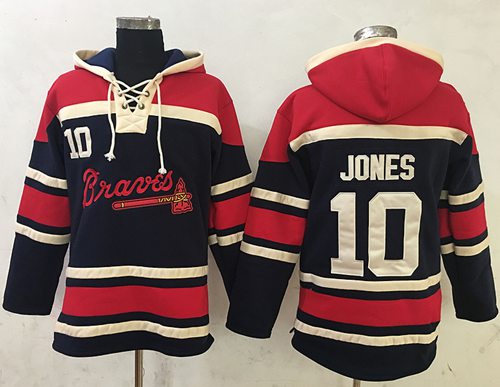 Braves #10 Chipper Jones Navy Blue Sawyer Hooded Sweatshirt MLB Hoodie