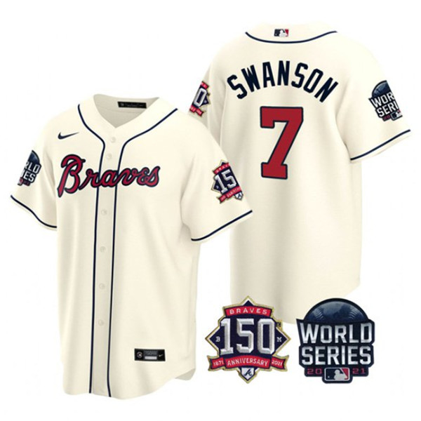 Men's Atlanta Braves #7 Dansby Swanson 2021 Cream World Series With 150th Anniversary Patch Cool Base Stitched Jersey