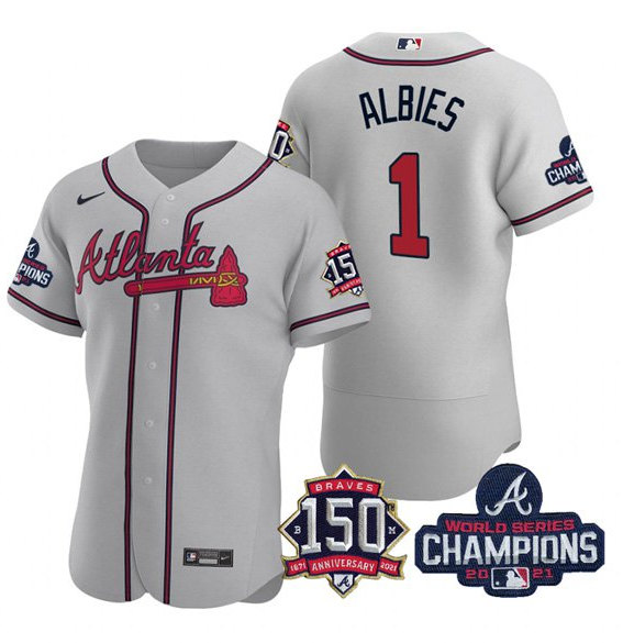 Men's Atlanta Braves #1 Ozzie Albies 2021 Gray World Series Champions With 150th Anniversary Flex Base Stitched Jersey