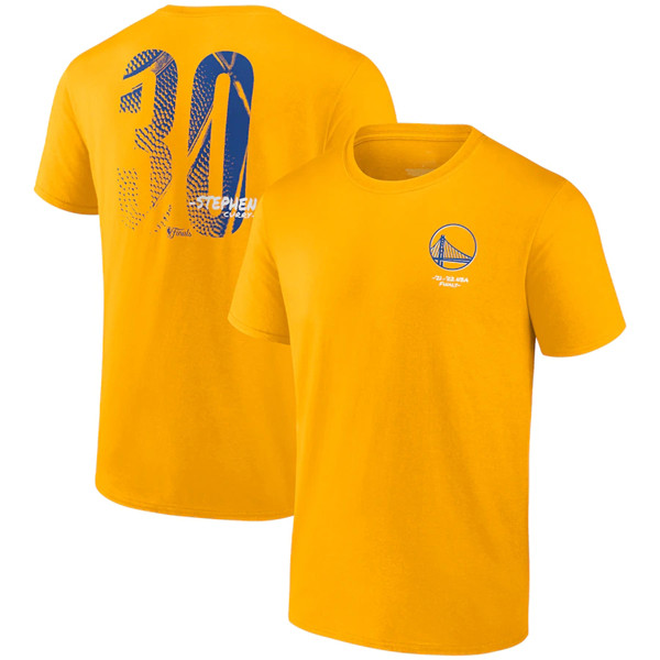 Men's Golden State Warriors #30 Stephen Curry 2021-2022 Gold NBA Finals Champions Name & Number T-Shirt - Click Image to Close