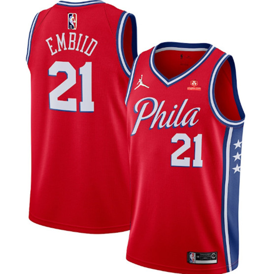 Men's Philadelphia 76ers #21 Joel Embiid Red Statement Edition Stitched Jersey - Click Image to Close