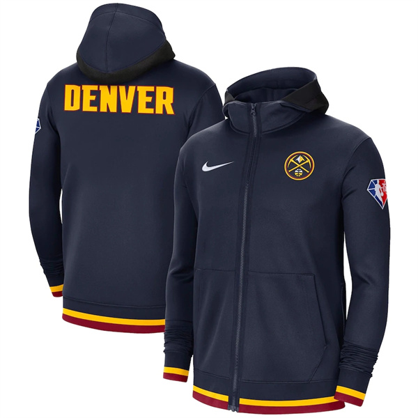 Men's Denver Nuggets Navy 75th Anniversary Performance Showtime Full-Zip Hoodie Jacket - Click Image to Close